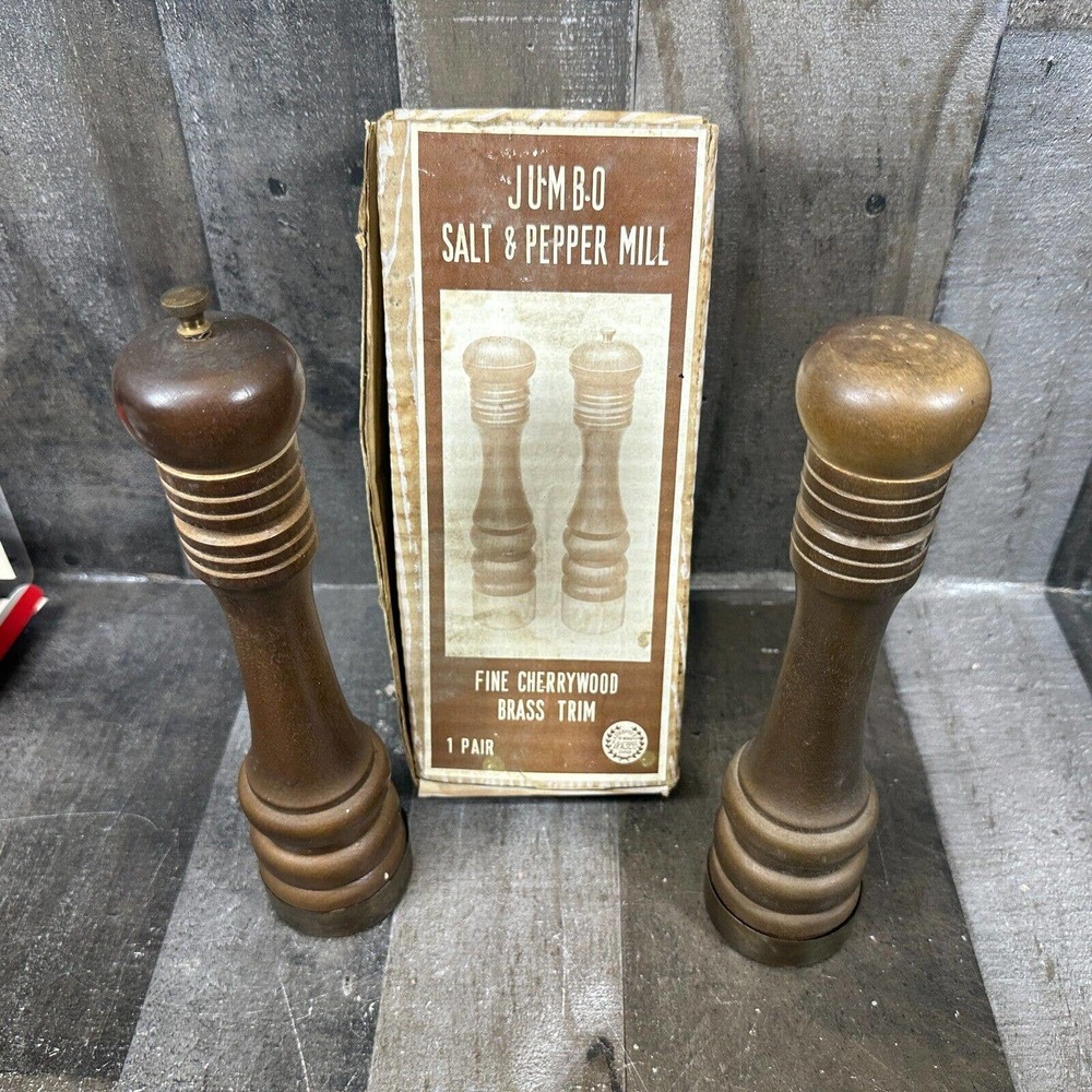 Nasco Jumbo Salt & Pepper Mill Set Fine Cherrywood Brass Trim Japan‎ 10"
